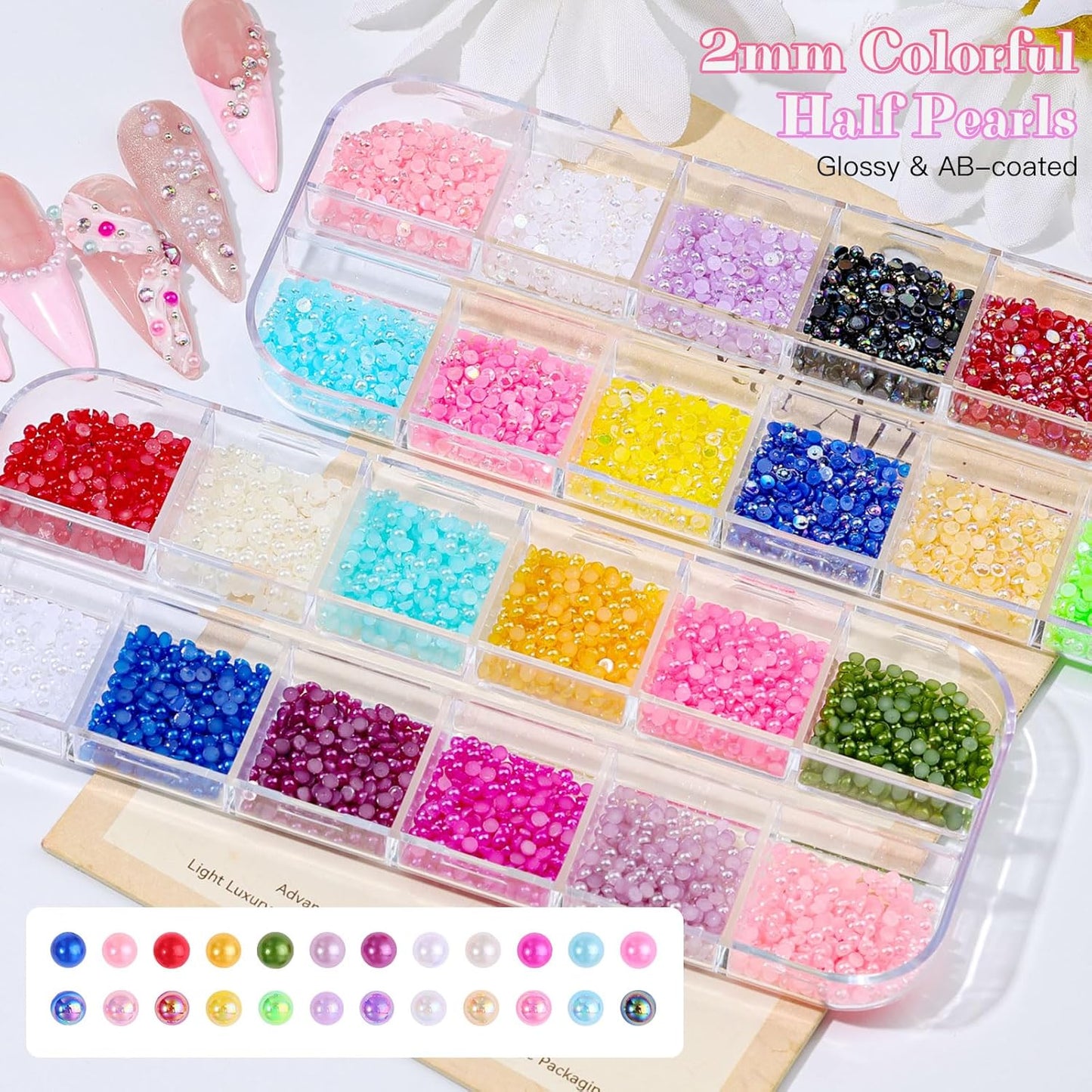Skiennix Nail Art Rhinestones Kit - 6 Boxes of 2mm Mixed-Color Flatback Pearls with Tweezers & Brush