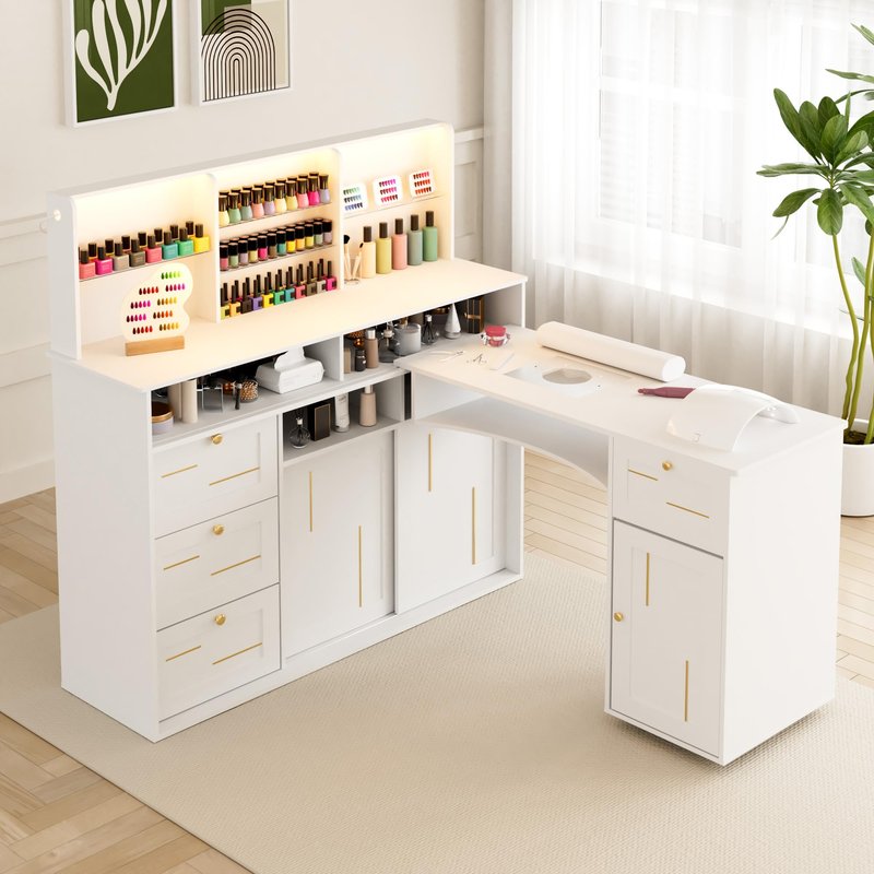 HolaiNail Manicure Table with Dust Collector, L-Shaped Nail Desk with Mobile Desktop, LED Light, Glass Display Rack, Storage Cabinets and Drawers for Home Spa Beauty Salon Nail Station, White