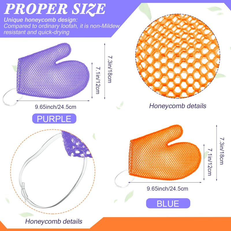 Karenhi 2 Pcs Honeycomb Exfoliating Glove Bath Mitt Body Spa Scrubber, Honeycomb Exfoliator Glove for Body Shower, Scrubber Sponge Shower Loofah, Quick Drying(Purple,Orange)