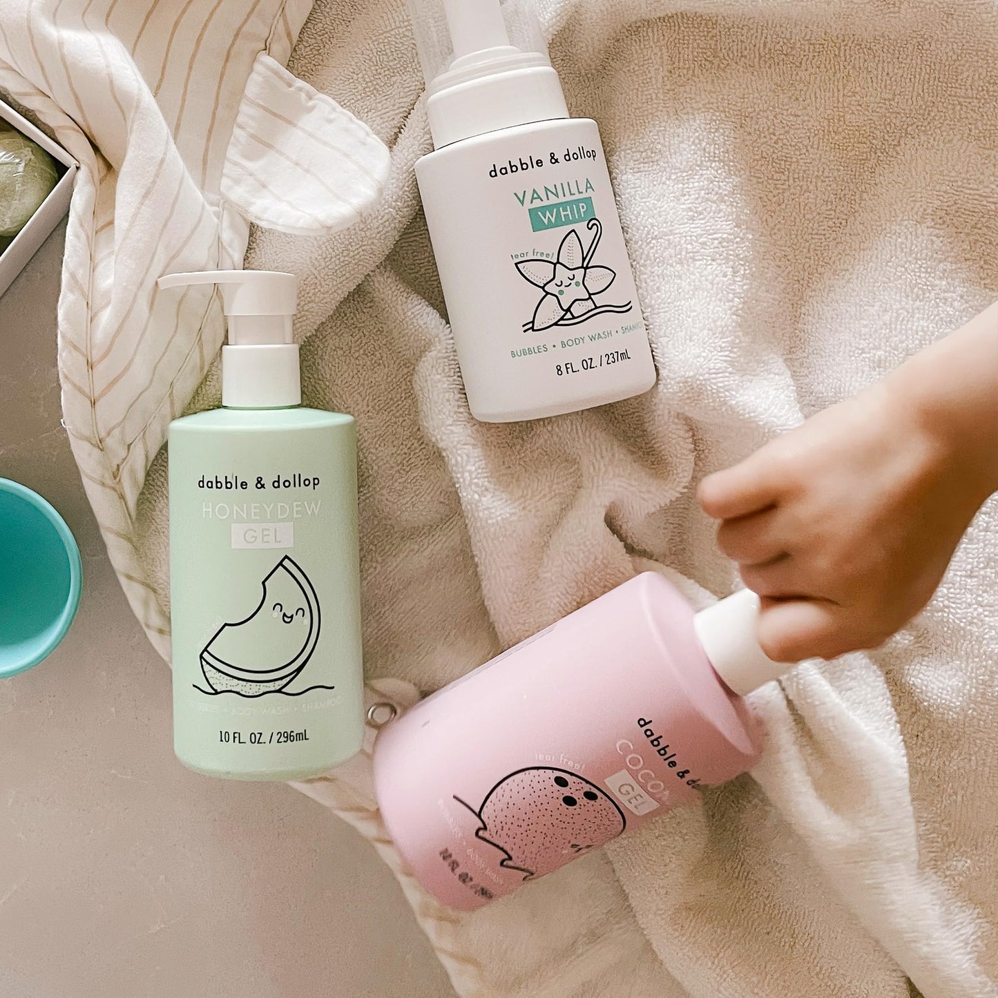 Dabble & Dollop Beachy Kids 3-in-1 Body Wash, Shampoo & Bubble Bath Variety Set – Coconut, Honeydew & Vanilla, Tear-Free, Gentle, Hypoallergenic and Safe for Sensitive Skin (Pack of 3)