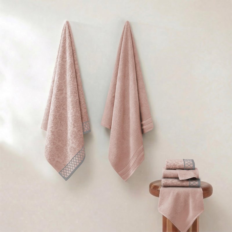 Modern Threads 6 Piece Cotton Bath Towel Set – Ultra Soft 550 GSM Towels – Bathroom Set with Hand Towels and Washcloths – Diamond Border (Blush)
