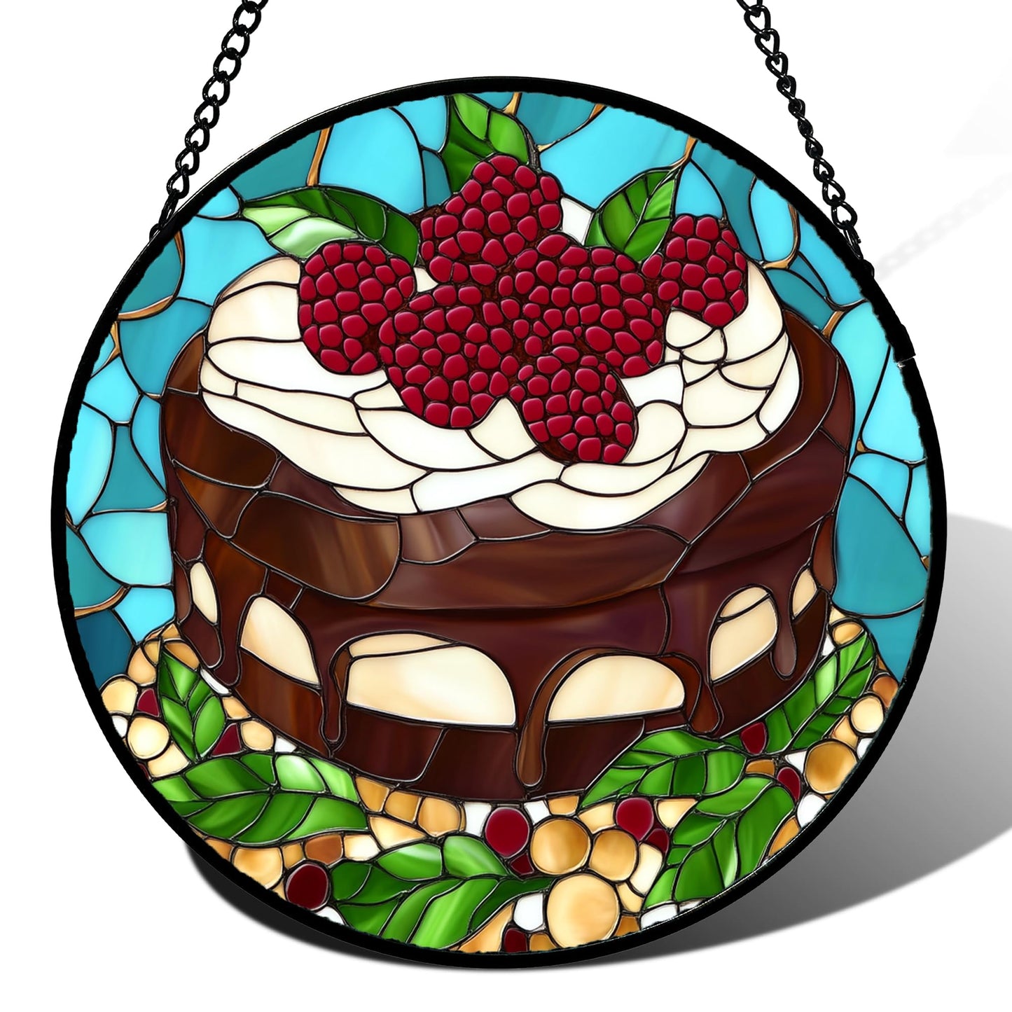 QZQCBLC Stained Glass Window Hanging Raspberry Cake 6.3" - Black Suncatcher Door Garden Sun Catcher Home Decor Birthday Christmas for Mom Men Woman Wife Girl Friend Nana