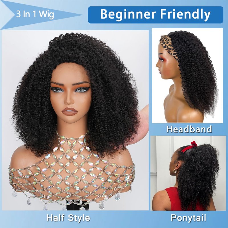 Ding Dian Kinky Curly Half Wig Human Hair 200% Density 3 In 1 Glueless Wear and Go Kinky Curly Wig Human Hair Seamless Flip Over Wig Drawstring Headband Wig Beginner Friendly 16 Inch