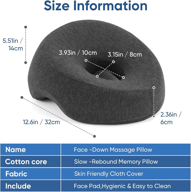Adjustable Memory Foam Pillow - Face Down Stomach Sleep Headrest with Massage Cushion | Dark Gray, Medium