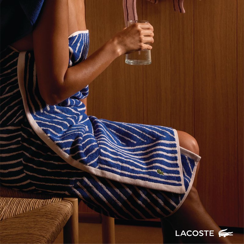 Lacoste Guethary Striped Towel – 100% Cotton, Reversible Modern Geometric Design, Soft & Absorbent, Durable & Lightweight, Machine Washable – Sand, 30"x54" Bath Towel