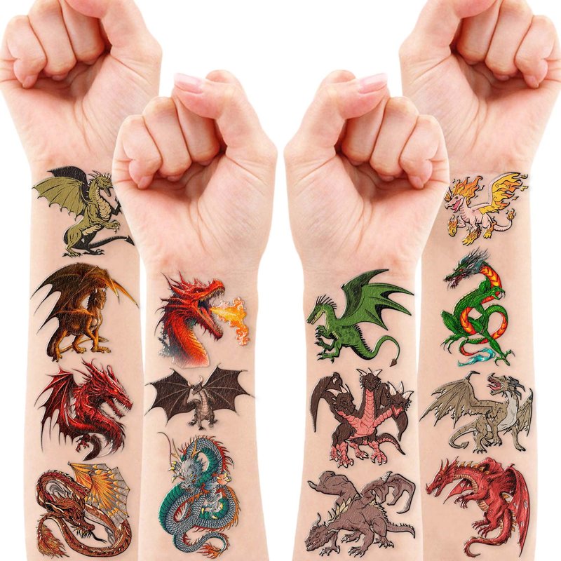 96PCS Dragon Pre-cut Temporary Tattoos Birthday Party Supplies Favors Decorations Knight Dragon Super Cute Fake Tattoos Stickers for Kids Boys Girls School Classroom Rewards Gifts Ideal Halloween