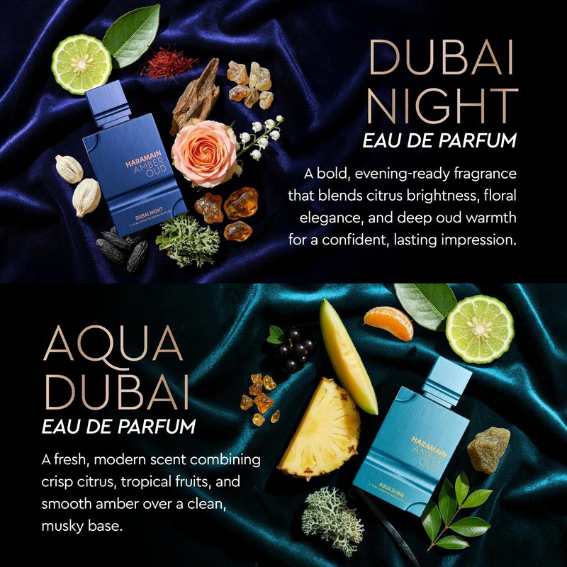 Al Haramain Amber Oud Eau de Parfum 4PC 10ML Each Mini Perfume Set for Women & Men – Cologne Gift Set, Unisex Arabian Perfume Sampler with Gold & Ruby Edition, Dubai Night and Aqua Dubai Fragrances