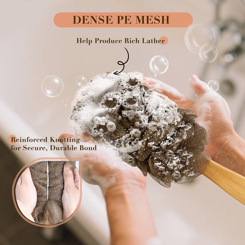 FerdY Back Scrubber for Shower,Long Handled Loofah on a Stick, Soft PE Mesh Back Sponge for Bath, Body Brush for Men Women, Exfoliating Scrub Cleaning Luffa