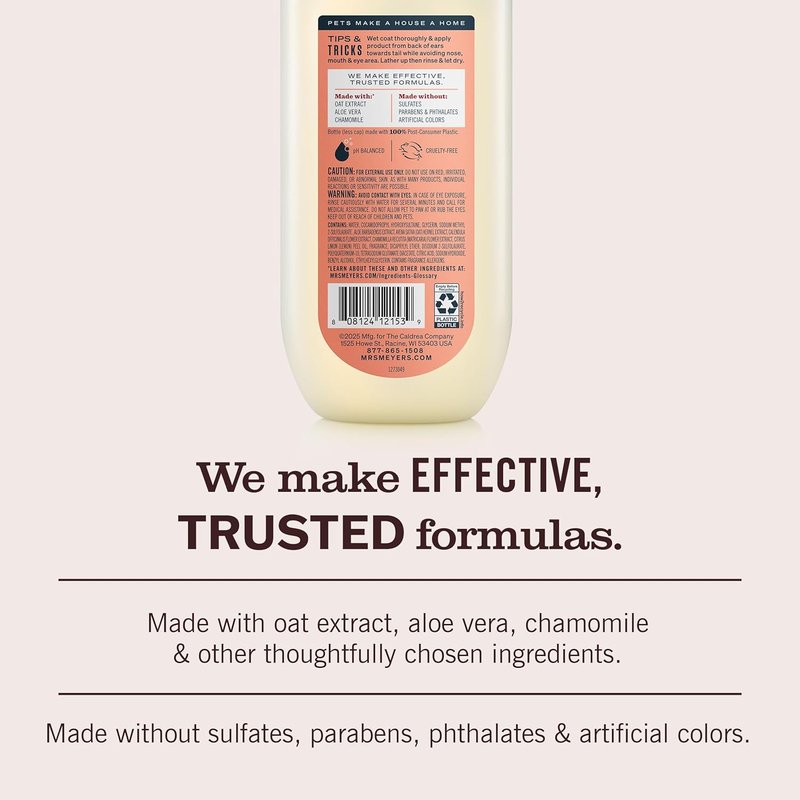 MRS. MEYER'S Dog Shampoo - 3 in 1 Formula with White Peach Scent | 14oz Bottle