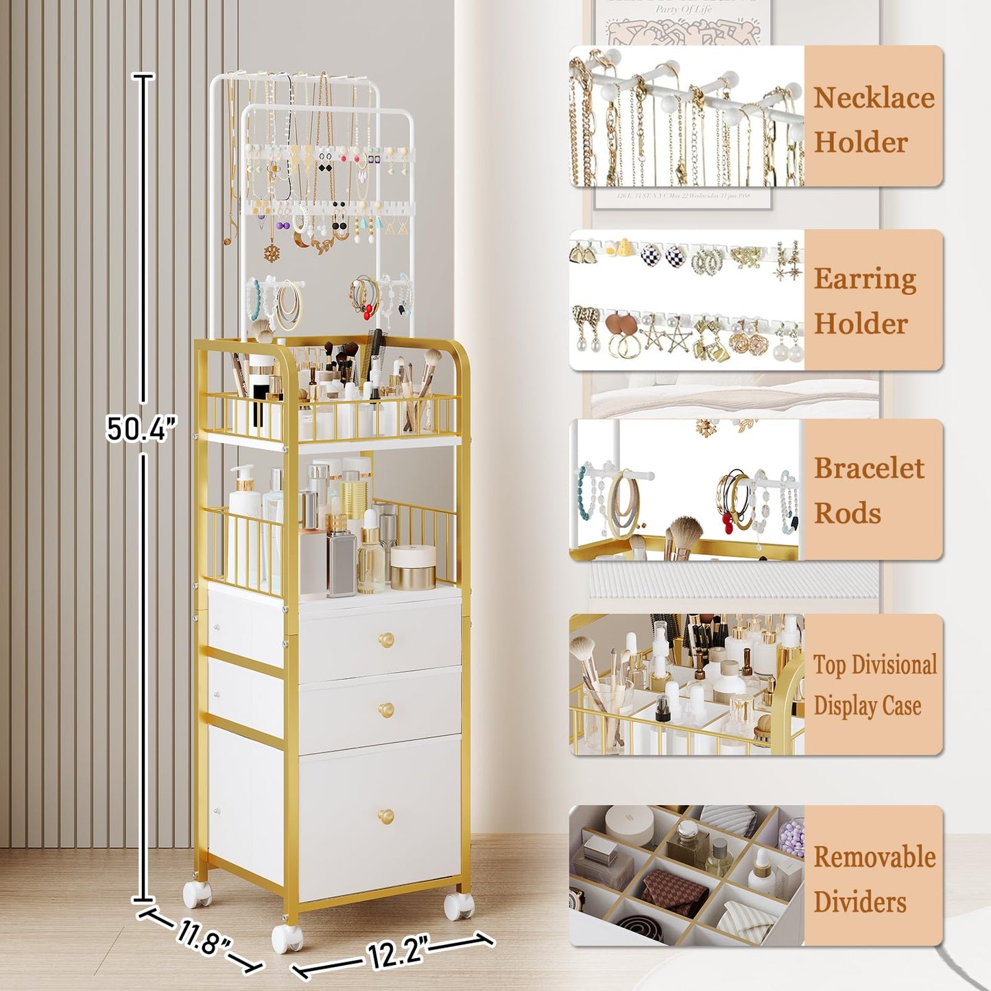 ZQUYAJ Makeup Organizer Cart with 3 Drawers, Jewelry Organizers and Storage for Earring Necklace, Large Vanity Storage Organizer for Skin Care Perfume Make up Brush Nail Polish Hair Tool (Gold)