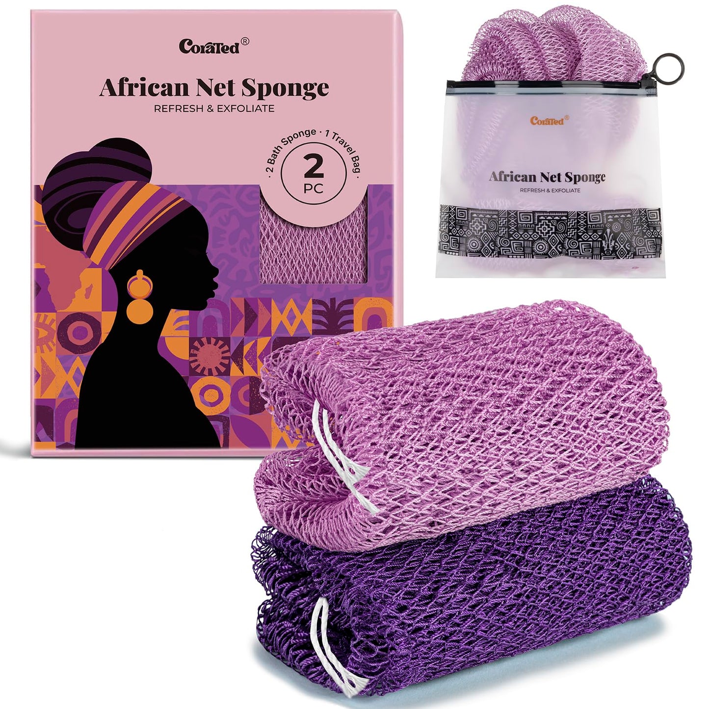 CORATED African Net Sponge Authentic, Shower Loofah Exfoliating Bath Sponge, Body Scrubber for Women and Men Daily Use Body Care, Travel Portable Bath Accessories Spa Gifts