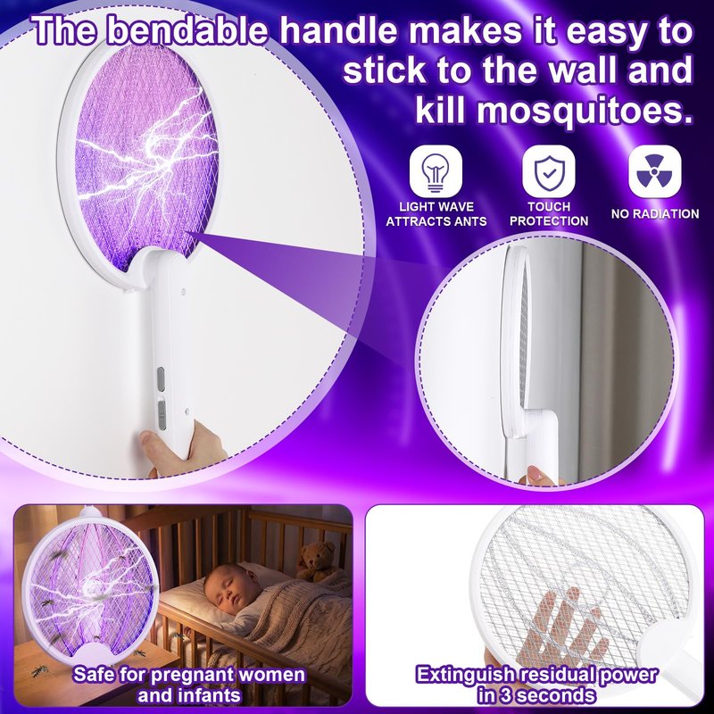 Qualirey 4 Pcs Electric Fly Swatter Bug Zapper Racket 2 in 1 USB Rechargeable Mosquito Racket 3000v High Powered Mosquito Killer for Indoor Outdoor Home Bedroom Kitchen Patio Office Insect (Foldable)