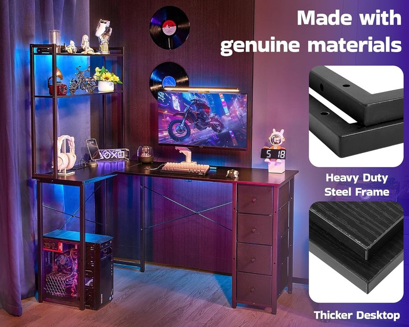 Aquzee L-Shaped Gaming Desk - 55" Reversible Computer Desk with Hutch, Drawers & LED Light | Black