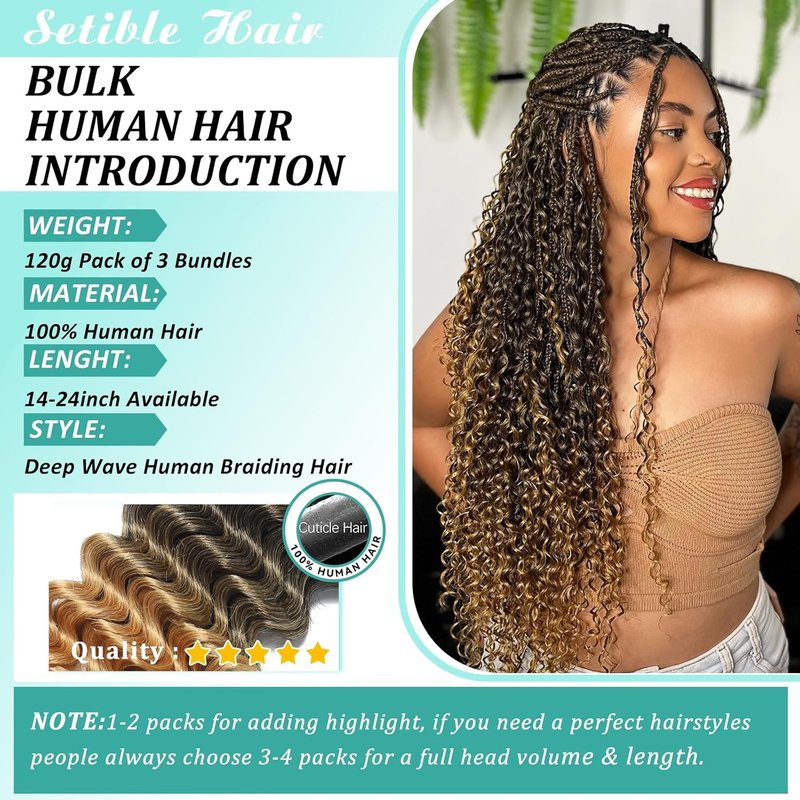 Ombre Human Braiding Hair for Boho Braids 14 Inch 120g Deep Wave Bulk Boho Human Hair for Braiding Curly Knotless Bohemian Braids 12A 100% Brazilian Virgin No Weft Extensions 3 Bundles/Pack T1B/27