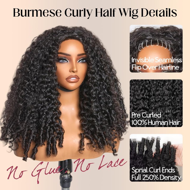 250% Density Burmese Curly Half Wig,100% Human Hair,[2-Year Life,175g],Glueless 3 In 1 Seamless Flip Over Half Wigs Human Hair for Black Women No Glue No Lace Wig with Spiral Ends 16 Inch