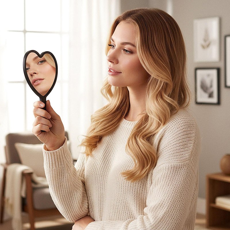 Bremorou Heart Shaped Handheld Mirror with Handle Black Drop-Resistant Small Heart Mirrors Cute Portable Travel Makeup Hand Mirrors Mini Hearts Cosmetic Lash Mirror for Women Girls (Black)