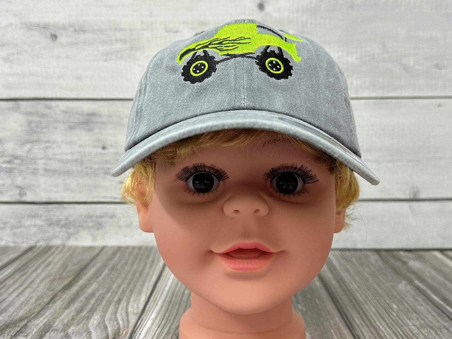 Shenbors Embroidered Monster Truck Hats for Boys Girl, Children's Washed Gray Adjustable Baseball Cap Dad Hat for Kids Child