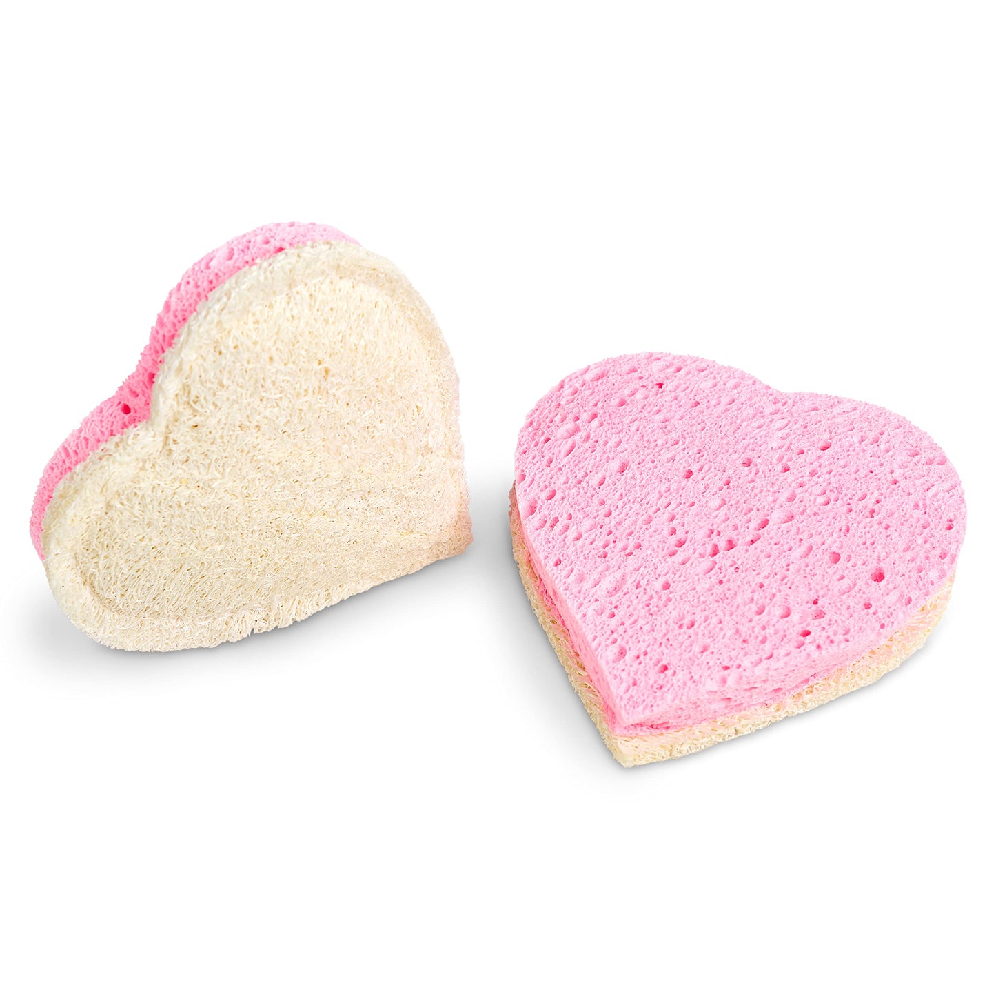 4 Pack LuffaLu Pro Sponge Loofah and Cellulose Fusion - Shower Cleaning and Exfoliating 2 Sided Coarse and Soft Spongy All-Natural Disposable Body Scrub by Fushay (Pink Hearts)
