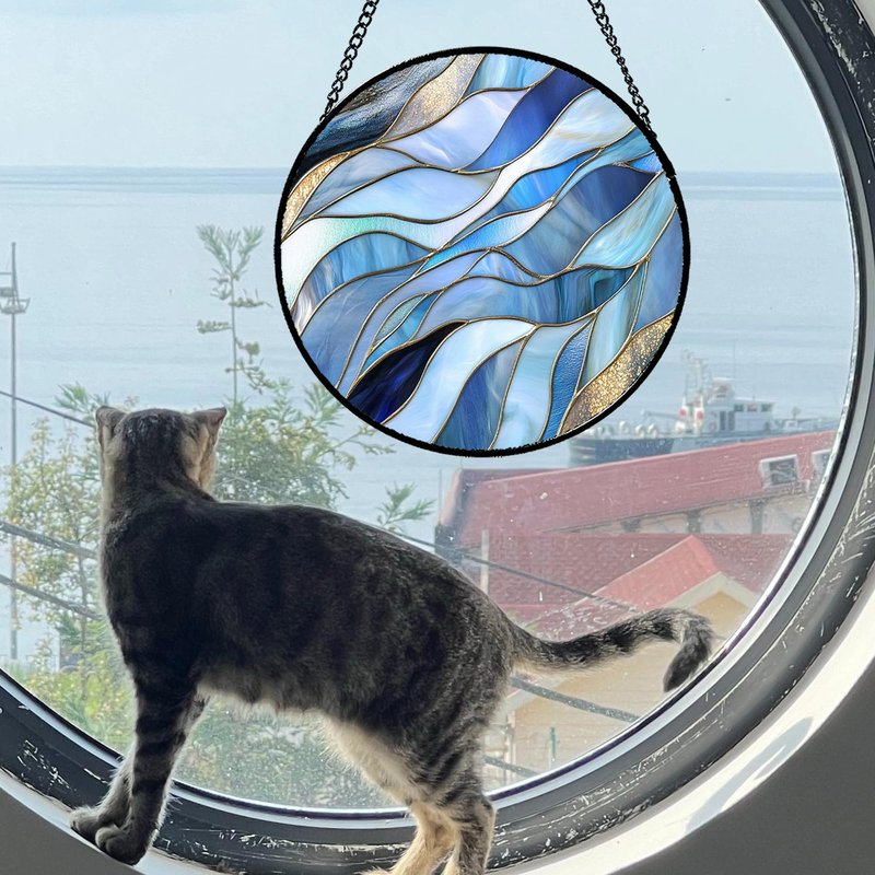 GEFOS Stained Glass Window Hanging Blue Gradient Abstract Large 15" - Suncatcher Door Garden Sunroom Sun Catcher Home Decor Housewarming Birthday for Mom Grandma Men Woman