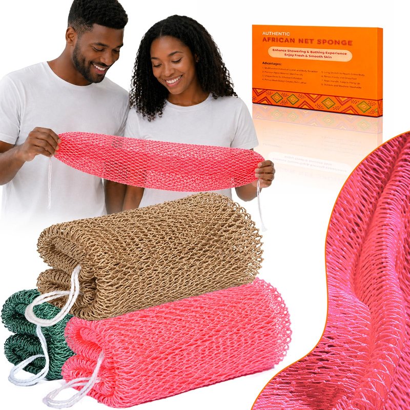 African Net Sponge Authentic, 3 Pcs Real African Exfoliating Net Sponge with Knots for Daily Shower Stretch Back Scrubber for Women and Men Bath Travel Gift Gym Use (Olive Green+Champagne Gold+Pink)