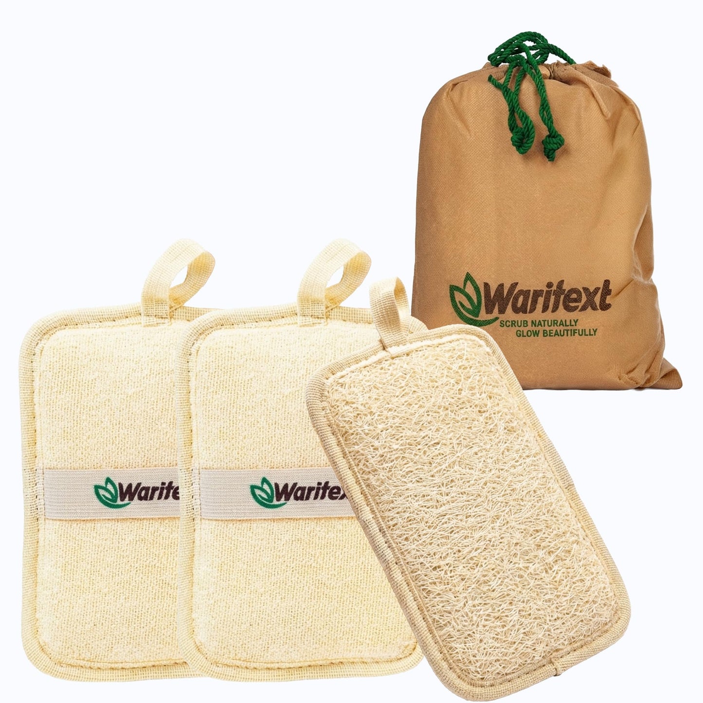 Waritex Egyptian Loofah Rectangular Exfoliating Body Scrubbers [3 Pack ] - Egyptian Loofah Fiber Bath Pads with Hand Strap for Gentle Skin Exfoliation, Deep Clean, Shower Use for Men and Women