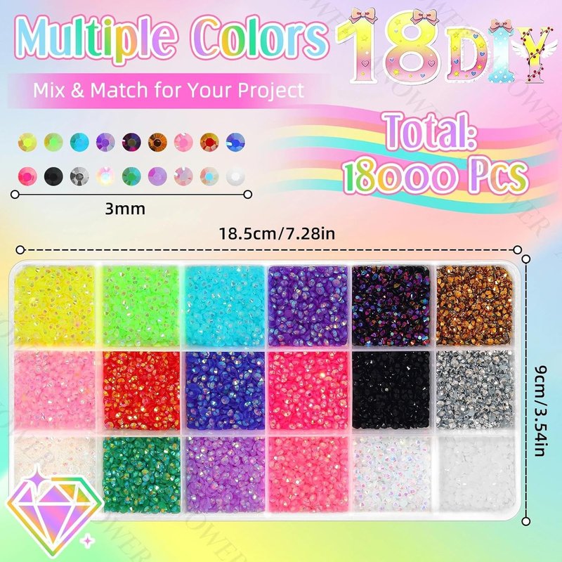 Jelly Flatback Rhinestones Bedazzling Kit - 18,000 Pcs 3mm Resin Gems for Crafting, Nails, Makeup & DIY Projects