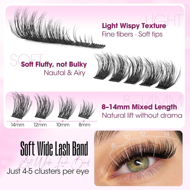 Natural Lash Clusters - Wispy CC Curl Individual Lashes for Daily Wear | 8-14mm Soft Band for Natural Makeup Look