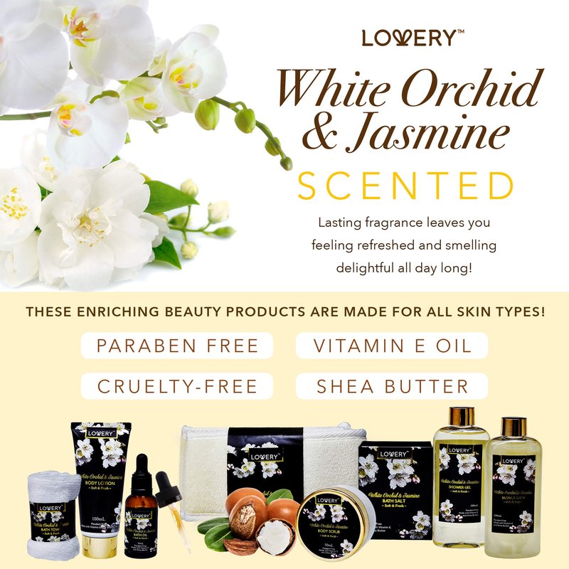 Mothers Day Gift Basket for Mom, Bath and Body Gift Basket for Women and Men – Orchid & Jasmine Home Spa Set With Body Scrubs, Lotions, Oils, Gels and More - Care Package for Women & Men - 9 Piece Set