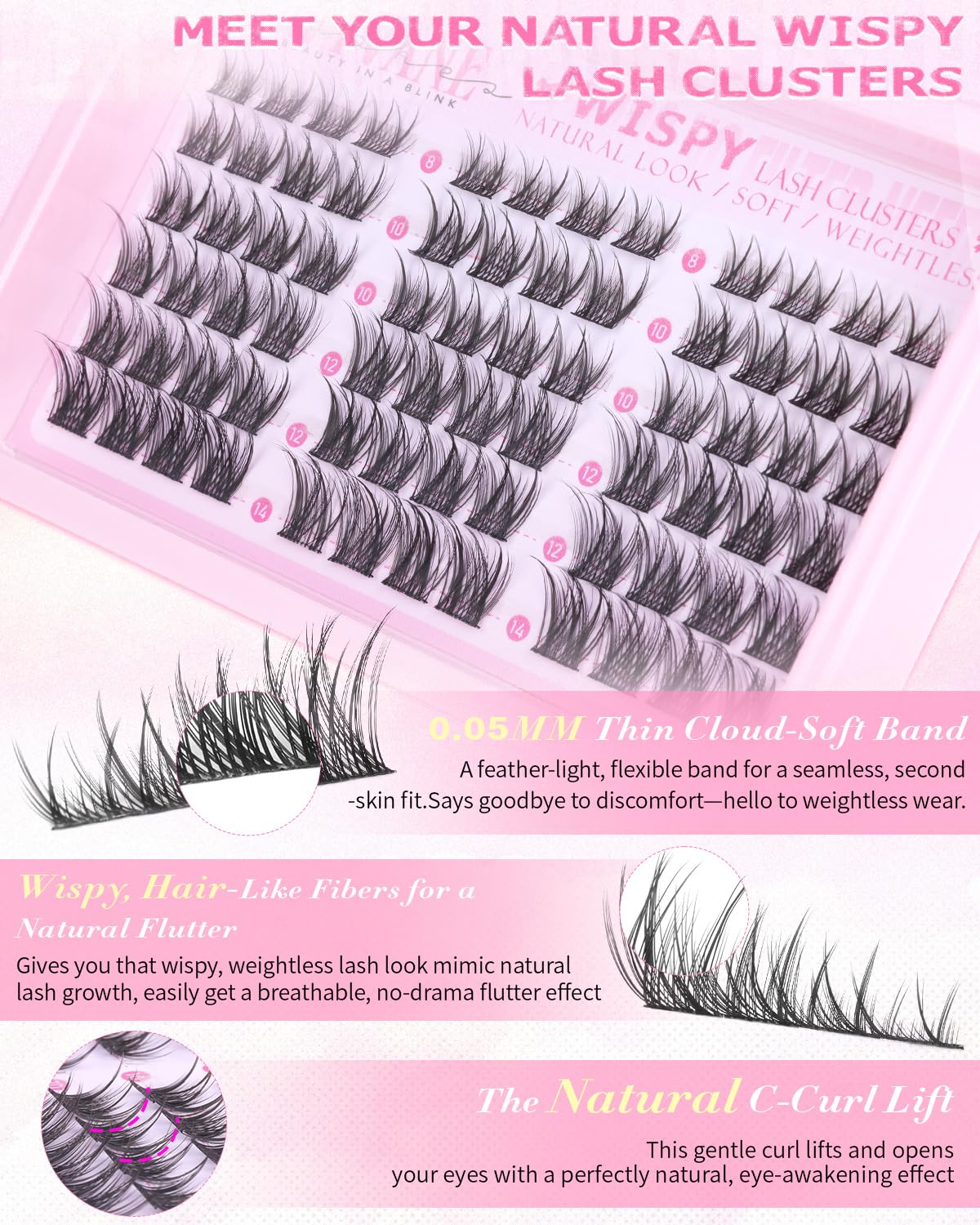 Wispy Eyelash Clusters Natural Lash Clusters Short 8-14mm Cluster Eyelash Extensions C-Curly Individual Lashes Soft Thin Band False Eyelashes Cluster Natural Look Daily Wear