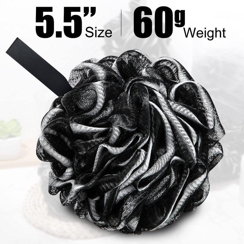 Shellwei 32 Pcs Bath Loofahs Sponge Shower Bulk 60 g for Men Black Large Charcoal Body Scrubber Mesh Shower Puff White Soft Exfoliating Pouf Balls for Women Bathing Accessories