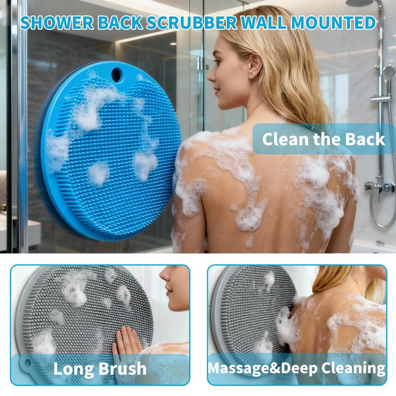 Merleu 2 Pack Shower Foot Scrubber & Shower Back Scrubber Wall Mounted with Delicate Brush,Circular Design Shower Back Scrubber,Non-Slip Foot Scrubber Mat(Grey and Blue)