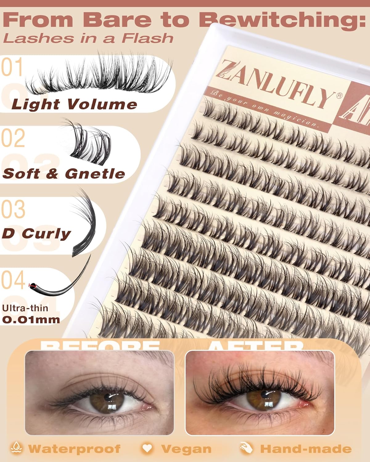 Zanlufly Spider Lash Clusters - Natural Wispy Eyelash Extensions | Light & Fluffy 8-16mm D Curly Lashes