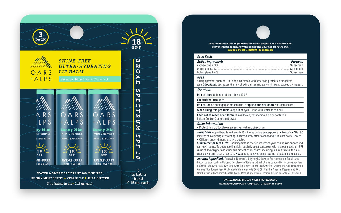 Oars + Alps Lip Suncreen, SPF 18 Lip Balm, Shine Free Sunscreen for Lips, Infused with Vitamin E, Peppermint & Spearmint, Water & Sweat Resistant, Moisturizing, Hydrating, Sunny Mint Scent, 3pk