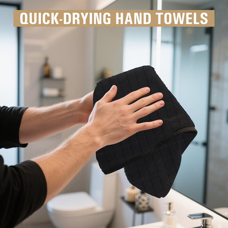 HOMERHYME Salon Towels, 12 Pack Black Hand Towels for Bathroom, 16 by 27 Inches Bulk Quick Dry Absorbent Microfiber Hair Towel, Bathroom Towels for Gym Spa Barber Pedicure Makeup & Beauty