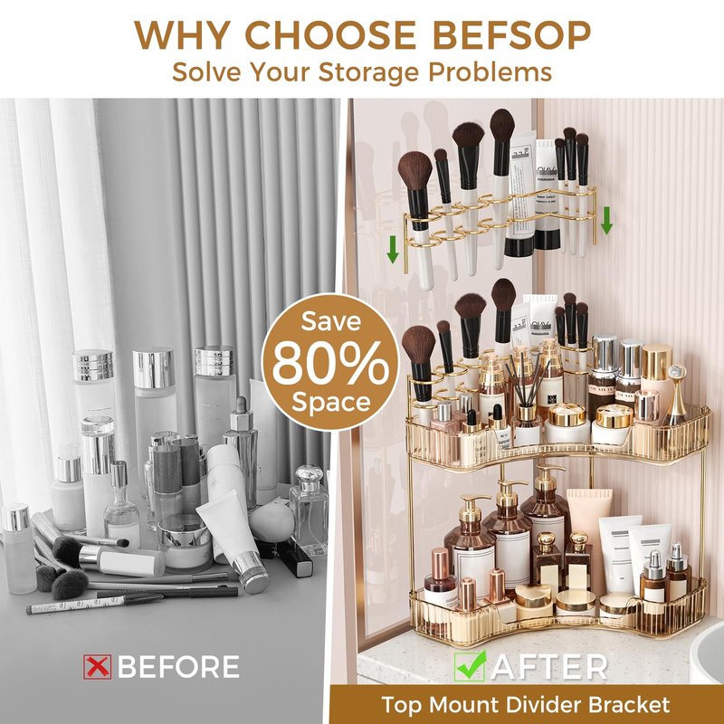 BEFSOP Corner Bathroom Counter Organizer, Upgraded 2-Tier Makeup Organizer Countertop with Makeup Brush Holder, Skincare Exquisite Vanity Organizers Countertop Bathroom Storage Dresser(GOLD)