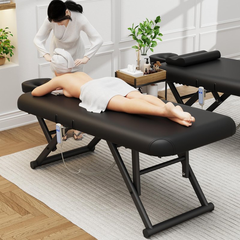 Electric Stationary Massage Table - Adjustable Massage Table with Manual Adjustable Backrest & Electric Leg Height , Treatment Tables with C-Shaped Pillow, Metal X-Frame, PU Leather for Beauty, Spa