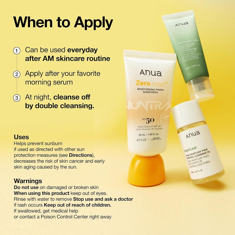 Anua Zero-Cast Moisturizing Sunscreen SPF 50 - Glow Natural Formula with Hyaluronic Acid & Niacinamide | Oil-Free, 1.69 fl oz