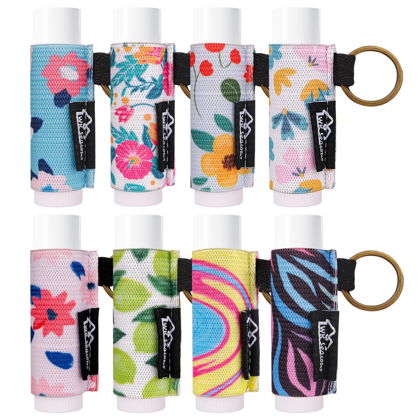 WK IEASON 8pcs Floral B Lip Balm Holder Keychain, Clip-on Lipstick Sleeve, Compatible With Chapstick, Burt's Bees, Elastic Lip Gloss Holder, Stocking Stuffers for Teen Girls Women