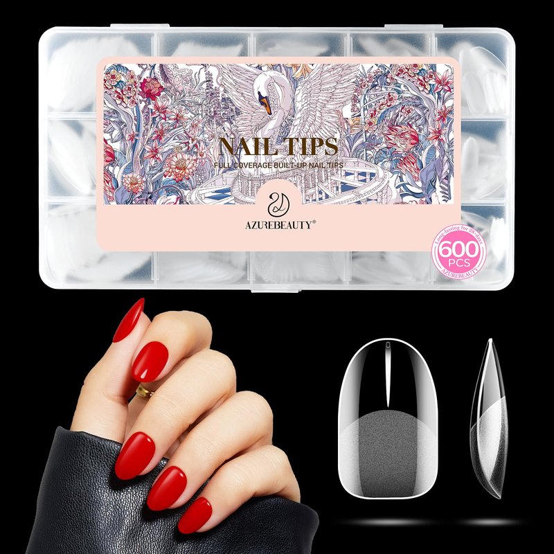AZUREBEAUTY Short Oval Round Nail Tips, 600pcs Pre Etched Soft Gel Nail Tips 15Sizes Acrylic Fake Nails Half Matte Full Cover Clear Press On False Nail Extensions for DIY Manicure at Home