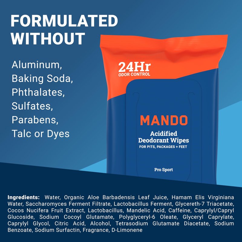 Mando Deodorant Wipes - 24 Hour Odor Control - Aluminum Free, Baking Soda Free, Skin Safe - 45 Count (2 Pack)