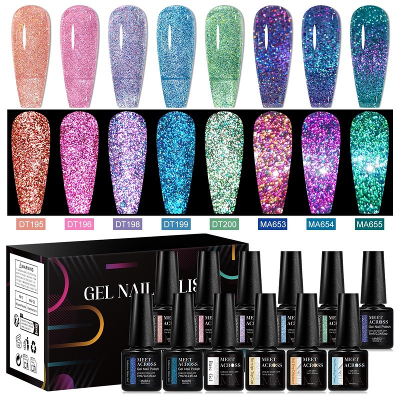 MEET ACROSS 12PCS Gel Nail Polish Set Glitter Gel Polish Pink Blue Purple Green Nail Polish Kit Soak Off Uv/Led Nail Gel DIY Manicure Gift for Her 8 Colors