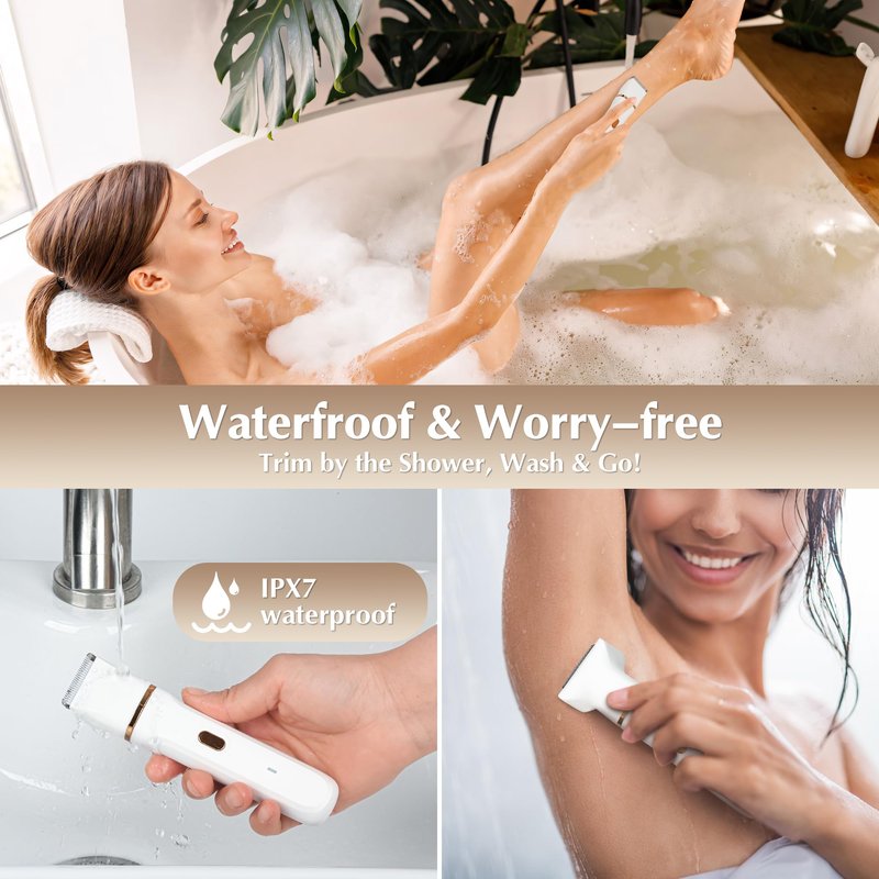 EiLVEEY Electric Bikini Trimmer for Women - 5 in 1 Rechargeable Electric Razors for Women, IPX7 Waterproof Pubic Hair Trimmer, Painless Womens Body Shaver, Facial Razor & Nose Hair Shaver, White