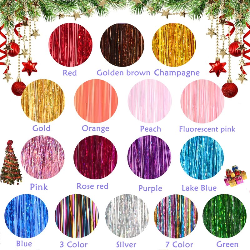 Hair Tinsel Kit With Tool - 4200 Strands, 12 Colors, Heat Resistant, Sparkling Shiny Highlights (48")