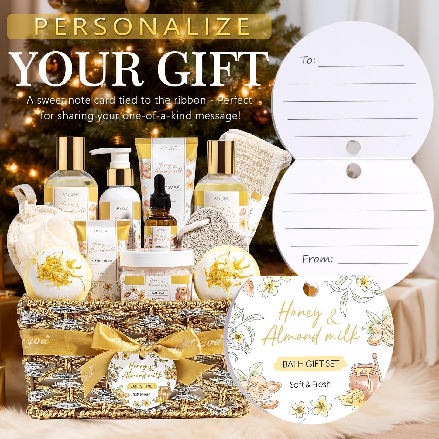 Mothers Day Birthday Gifts for Women, Honey & Almond Milk Relaxing Spa Gift Baskets for Women Self Care Package Bath Gift Set, Home Bath and Body Kit Pamper Gifts for Womens Her Mom Friends Sister