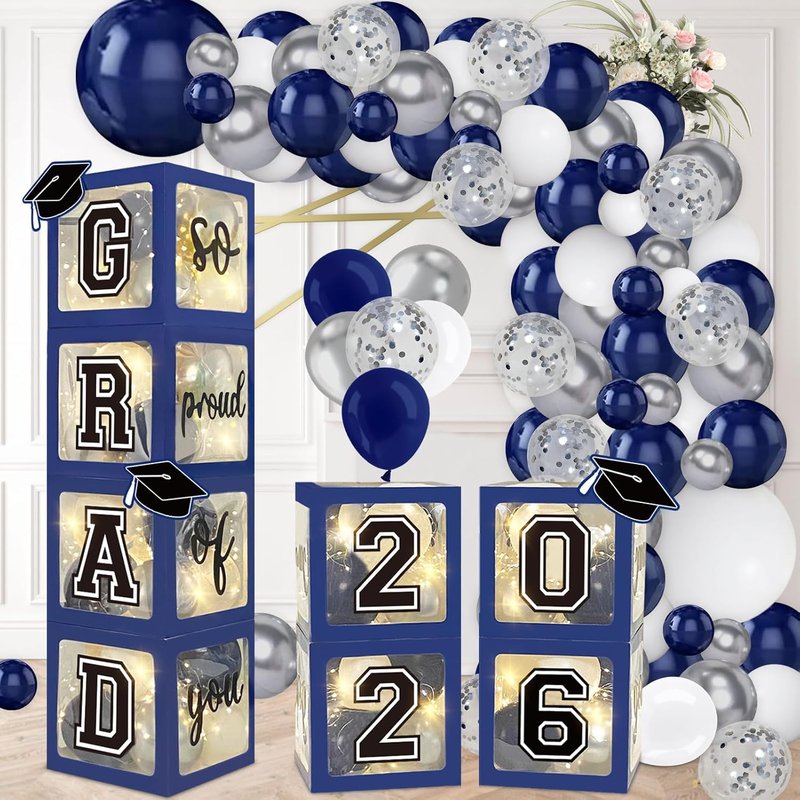 Navy Blue Graduation Decorations 2026 - 4 Balloon Boxes with 139pcs Garland Kit & Lighted Strings