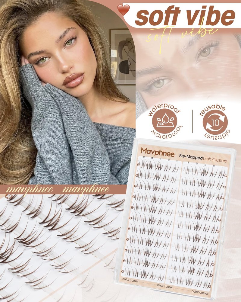 Brown Lash Clusters Natural Eyelash Extensions 9-10-11MM Short Wispy Cluster Lashes Extensions CC Curl Pre-Mapped Cat Eye Eyelash Clusters for Effortless Application