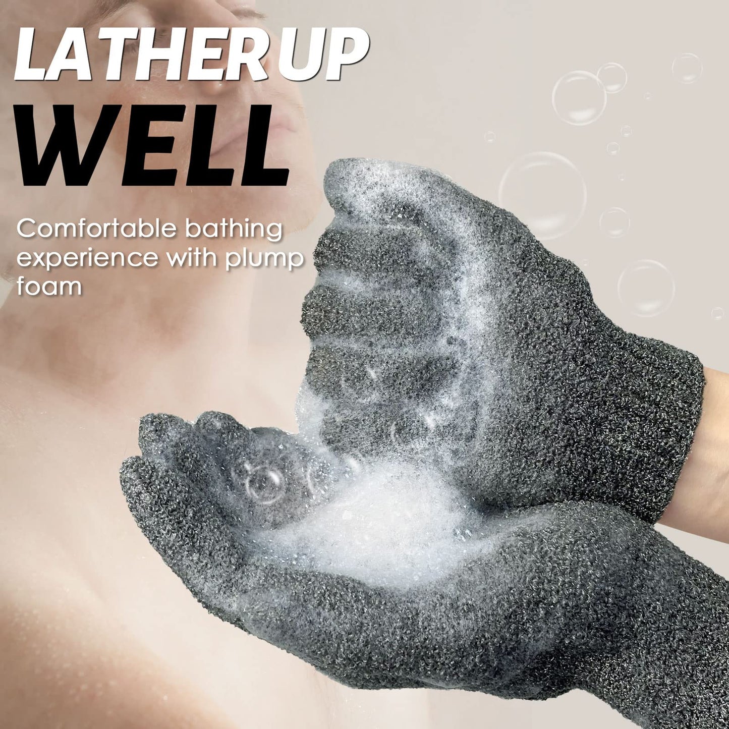 MIG4U Exfoliating Shower Gloves 2 Pairs, Bath Scrub Glove Medium to Heavy Body Dead Skin Removal, Deep Exfoliate Sponge Loofah for Women and Men, Grey+Black