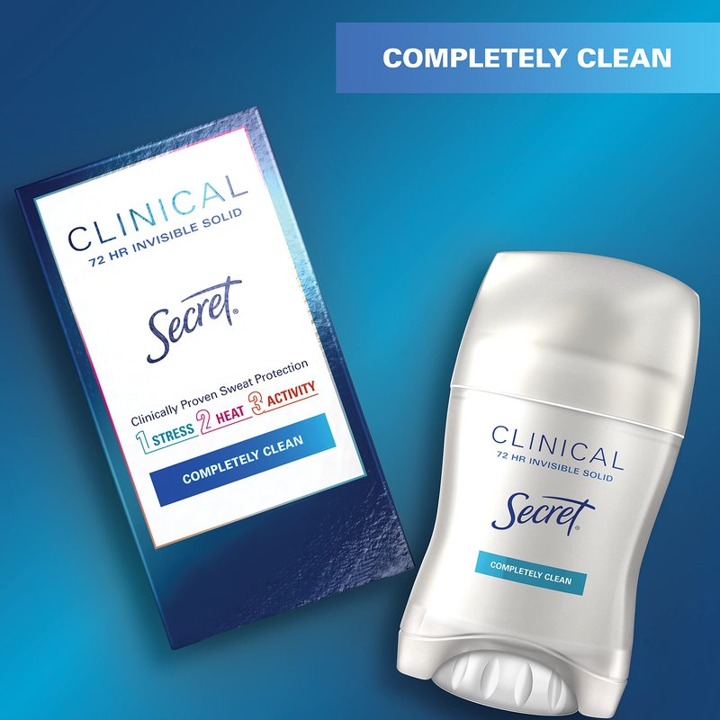 Secret Clinical Strength Antiperspirant Deodorant for Women, 3X Stress Protection, 72hr Sweat & Odor Protection, PH Balancing Minerals, Invisible Solid, Completely Clean Scent, 1.6 oz (Pack of 2)