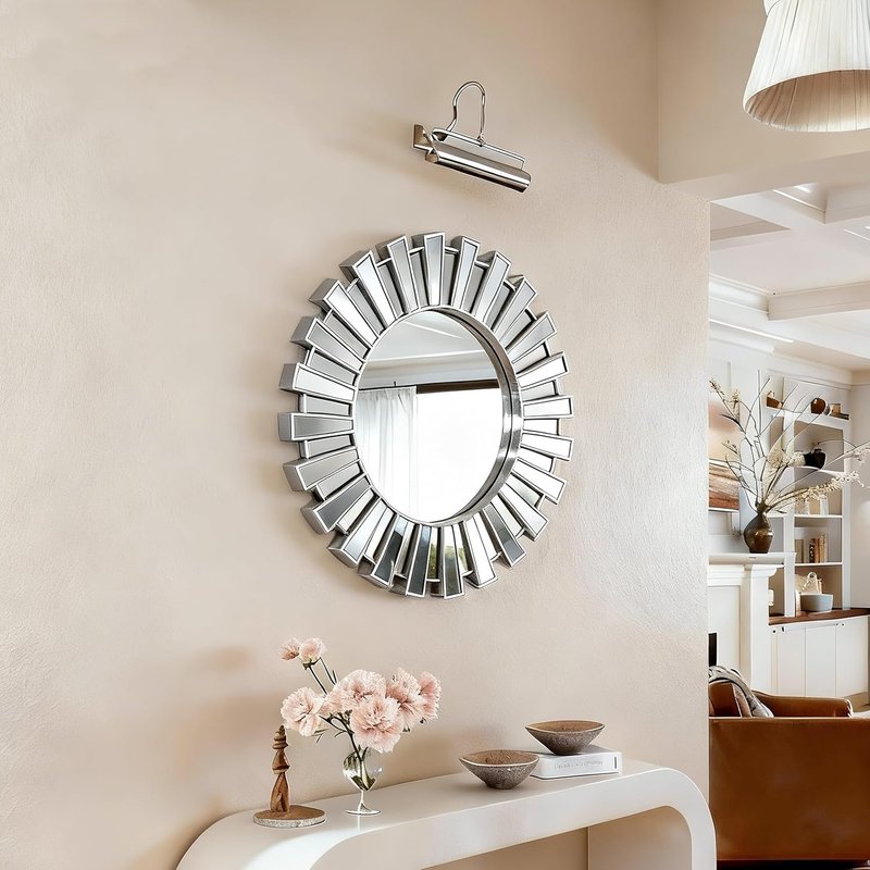 Silver Sunburst Wall Mirror - 23.6" Large Round Beveled Decorative Accent for Living Room & Bedroom
