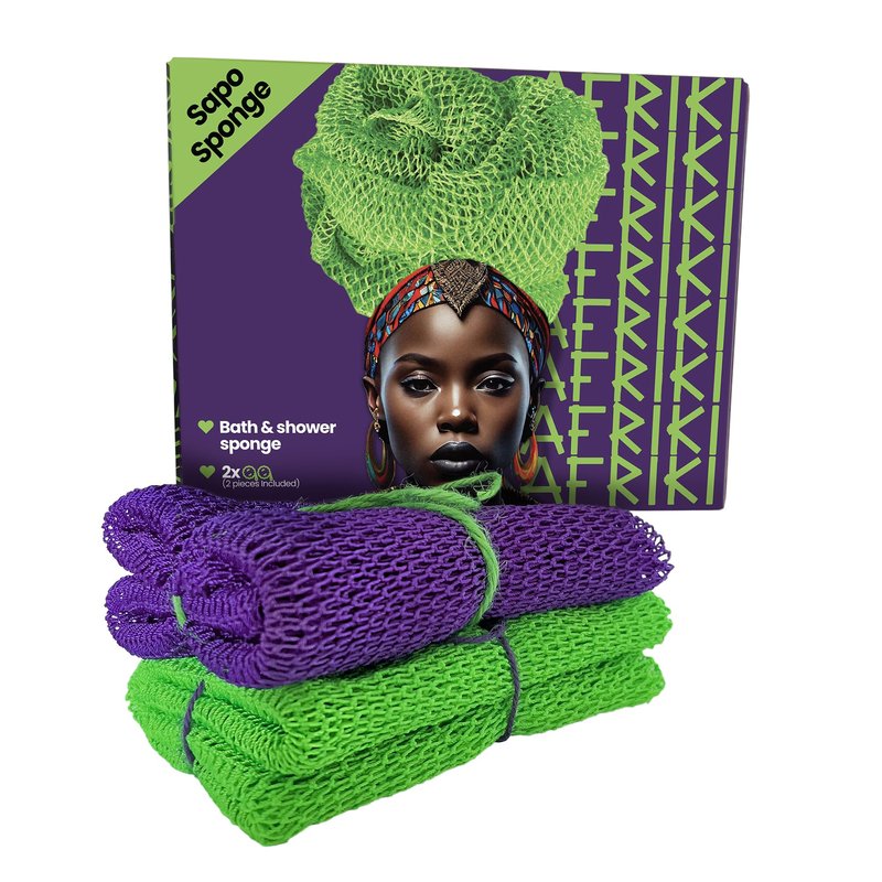 African Net Sponge, Premium Authentic Exfoliating Body Scrubber, Extra Long Stretch Bath Sponge for Shower, Deep Exfoliating Washcloth for Smooth Skin, 2 Pack (Purple & Green)